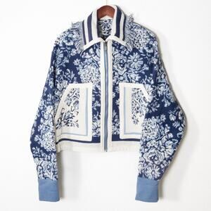 Artisan Studio Jacquard Cropped Zip Jacket Size L Handmade Blue White Statement